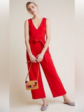 Anthropologie Cathy Structured Red Wide-Leg Jumpsuit, Medium, Modern Vacation